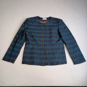 Vintage Pendleton 100% Virgin Wool Blue & Brown Tartan Plaid Women Size 8 Blazer